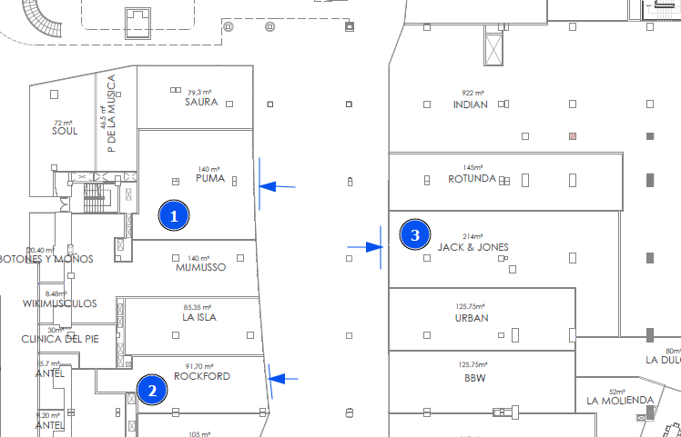 Floor plan with stores identified and entrances flagged